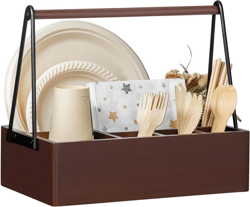 PTSTING Silverware Caddy with Handle Acacia Wood Utensil Holder Paper Plate Dispenser for Countertop Flatware Organizer Box for Spoons Forks Plates Cups Napkins - Image 1